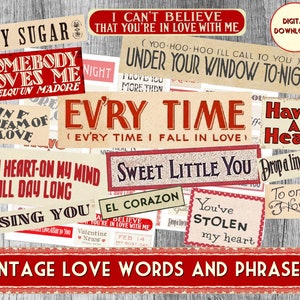 Feuille de collage digital Mots vintage Amour rétro, scrapbooking, art numérique Mots Phrases Saint Valentin Amour