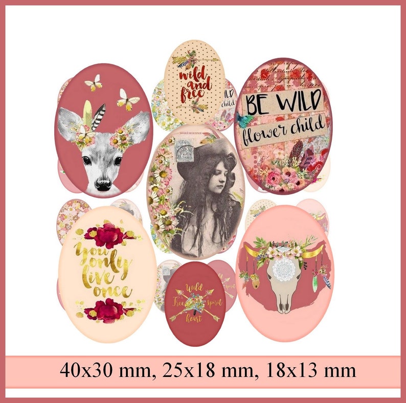 May include: Set of eight oval-shaped, pink and red, decorative paper embellishments with floral and animal designs. The embellishments feature the text "wild and free", "be wild flower child", "you only live once", and "wild free spirit heart". The embellishments are approximately 40x30 mm, 25x18 mm, and 18x13 mm.