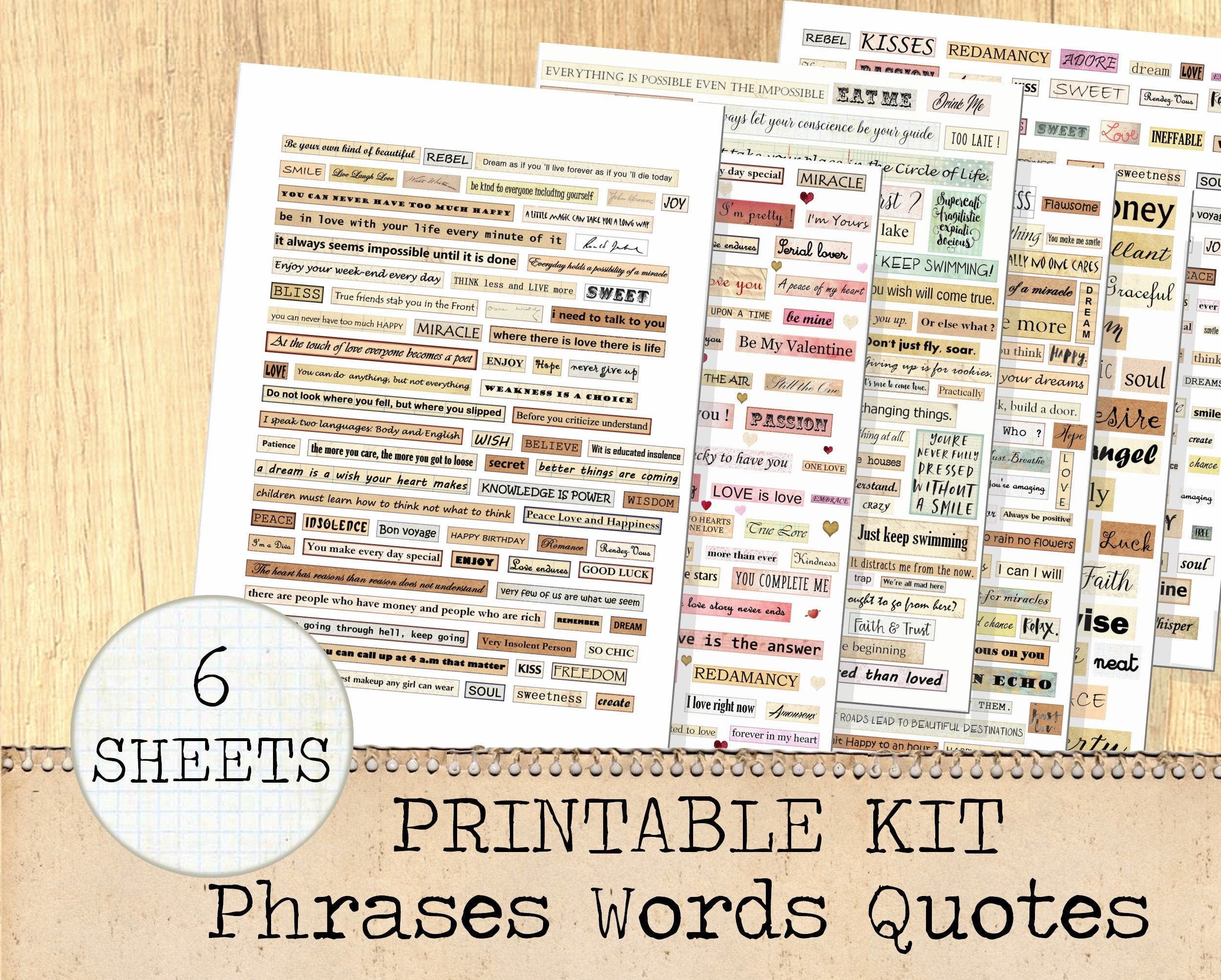 printable phrases words quotes kit digital collage sheet etsy