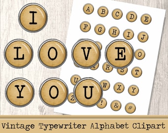 May include: Vintage typewriter alphabet clipart featuring the letters I, L, O, V, E, Y, O, U in a circular design with a brown background and black text.