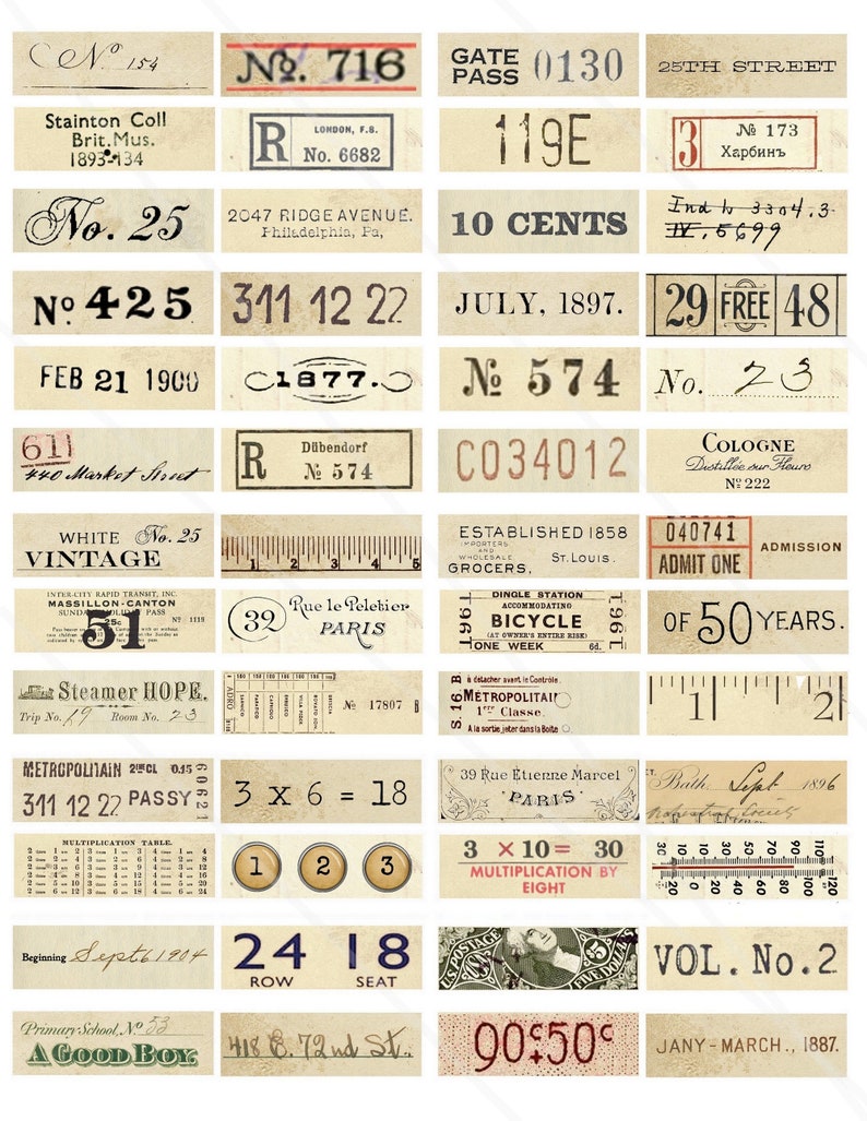 vintage number labels junk journal tags grunge numbers etsy