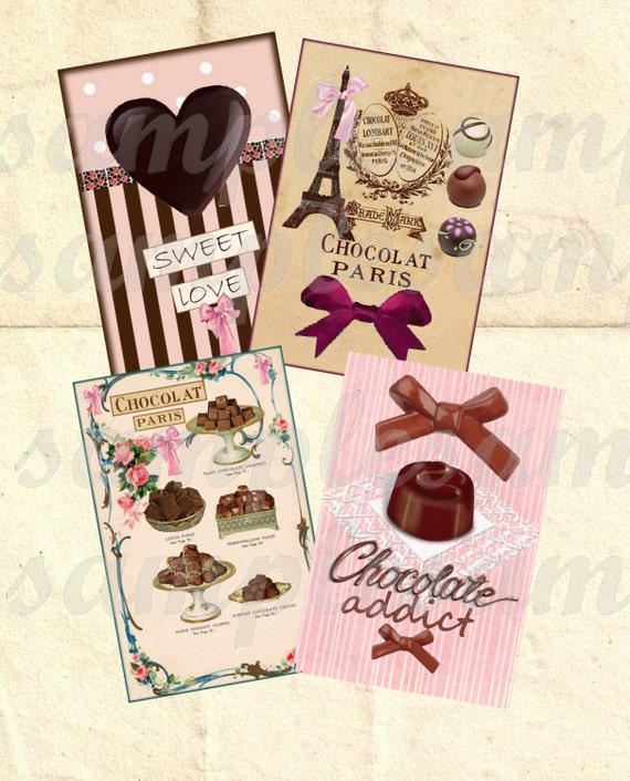 4 cartes à imprimer "chocolat", cupcake, chocolat, coeur, Tour Eiffel, rétro