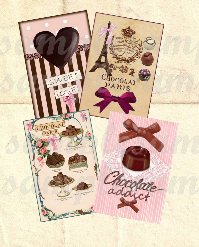 May include: Three vintage-style cards with a chocolate theme. The first card features a brown heart with the text "Sweet Love". The second card features a drawing of the Eiffel Tower with the text "Chocolat Paris". The third card features a chocolate candy with the text "Chocolate addict".