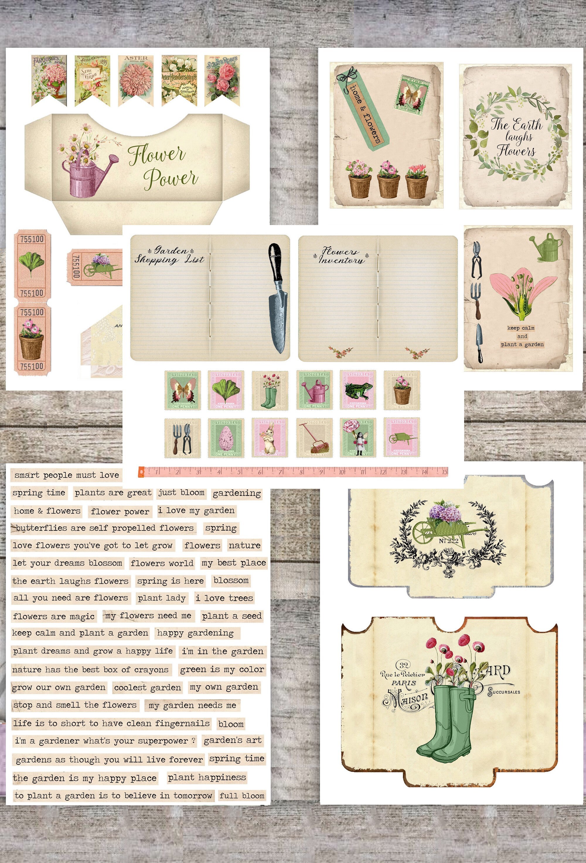 Pink Spring Gardening Ephemera Kit - Vintage Floral Junk Journal ...