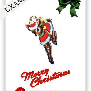 May include: A Christmas card featuring a cartoon reindeer wearing a red Santa hat and a green and gold collar. The reindeer is jumping in the air and the text "Merry Christmas" is written in red below the reindeer. The card has a red and white gingham border and a red button.