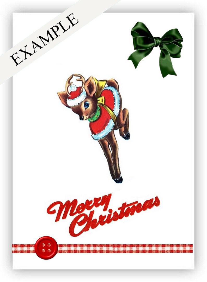 May include: A Christmas card featuring a cartoon reindeer wearing a red Santa hat and a green and gold collar. The reindeer is jumping in the air and the text "Merry Christmas" is written in red below the reindeer. The card has a red and white gingham border and a red button.