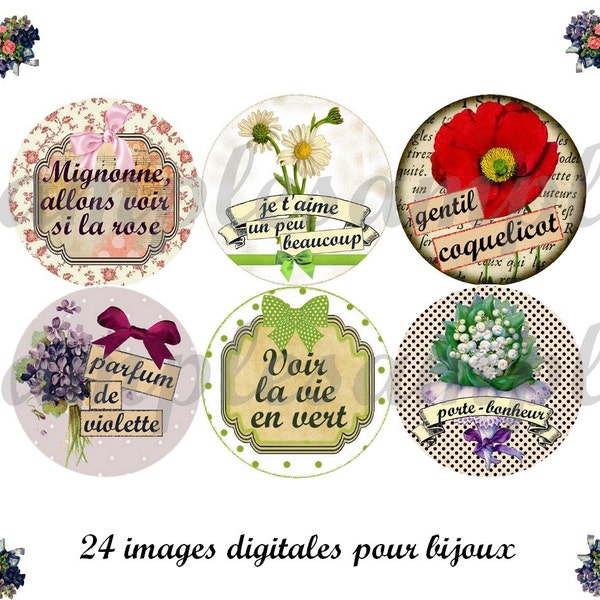 images digitales rétro "Fleurs.", image pour bijoux, cabochon, médaillon, scrapbooking, rose violette coquelicot