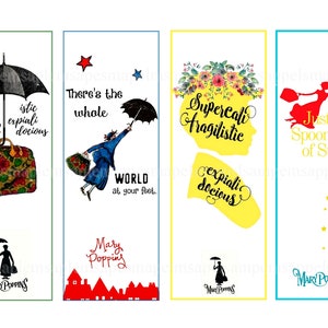 Może przedstawiać: Cztery kolorowe zakładki z cytatami i ilustracjami Mary Poppins. Zakładki są wydrukowane na białym kartonie z niebieską, zieloną, ż&oacute;łtą i turkusową ramką. Cytaty to "Supercalifragilisticexpialidocious", "Cały świat leży u twoich st&oacute;p", "Wystarczy łyżeczka cukru", i "Supercalifragilisticexpialidocious".