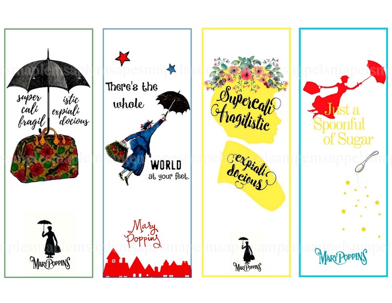 Może przedstawiać: Cztery kolorowe zakładki z cytatami i ilustracjami Mary Poppins. Zakładki są wydrukowane na białym kartonie z niebieską, zieloną, ż&oacute;łtą i turkusową ramką. Cytaty to "Supercalifragilisticexpialidocious", "Cały świat leży u twoich st&oacute;p", "Wystarczy łyżeczka cukru", i "Supercalifragilisticexpialidocious".