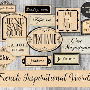 French Words & Inspirational Phrases Digital Collage Sheet – Vintage Junk Journal Labels – Instant Download