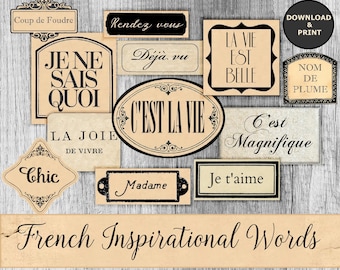 French Words & Inspirational Phrases Digital Collage Sheet – Vintage Junk Journal Labels – Instant Download
