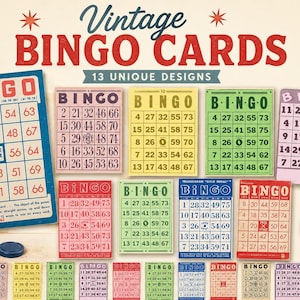 Puede incluir: Una colección digital de 13 tarjetas de bingo vintage con varios esquemas de color incluyendo rojo, amarillo, verde, azul y morado. Las tarjetas muestran cuadrículas numéricas con la palabra BINGO, junto con texto indicando formato JPG y 300 DPI.