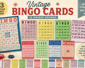 Digitale Collage im Vintage-Bingo-Stil, Retro-Bingo-Karten für Scrapbooking und Junk Journals – Sofort-Download
