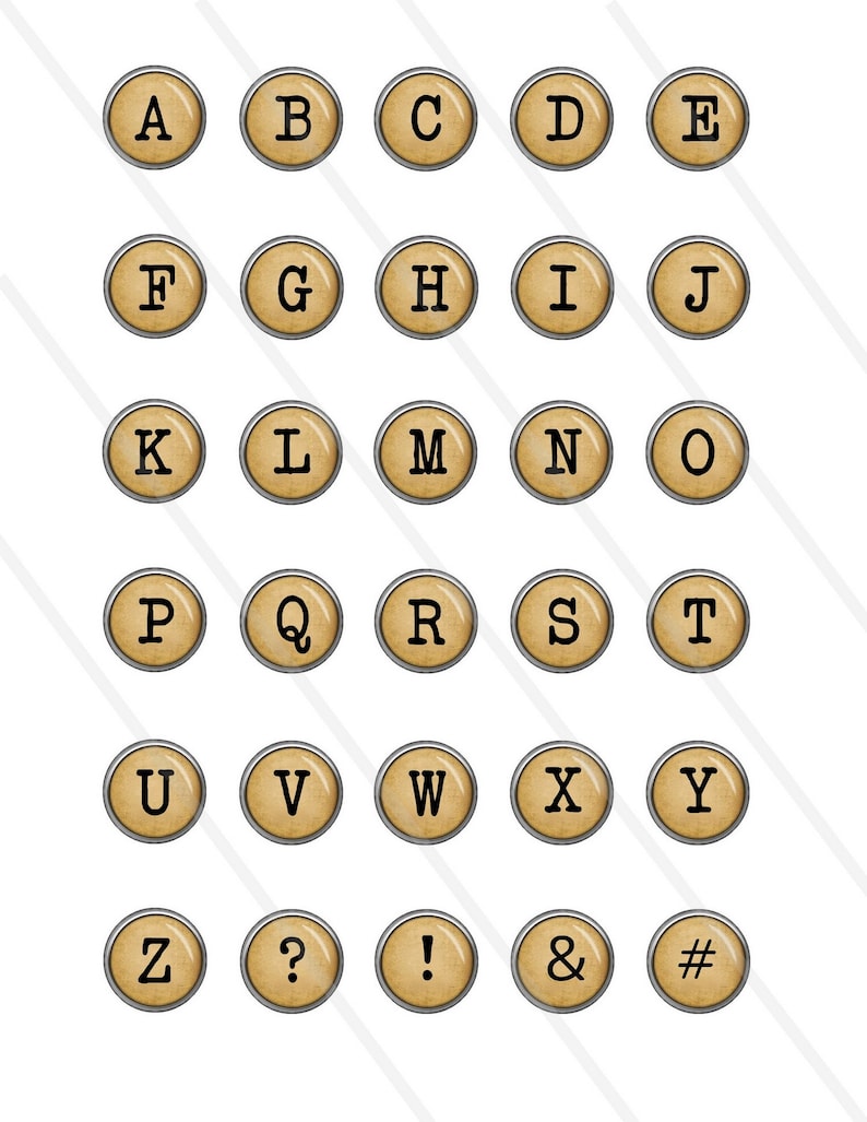 May include: A set of 26 alphabet letter and symbol keys in a vintage style. The keys are round and have a beige background with black lettering. The keys are arranged in alphabetical order.