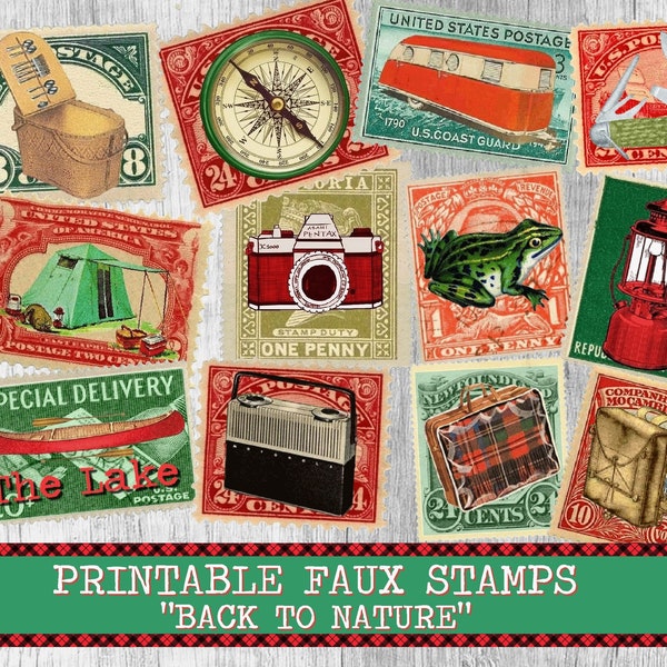 Printable postage Stamps Camping Adventure, outdoor Junk journal Supplies, Retro ephemera, Small Digital Ephemera Allegradigital