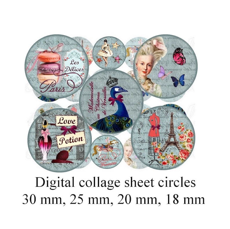 images for pendant bottle cap Victorian Digital collage sheet circles Versailles Paris Marie Antoinette French peacock corset macaron