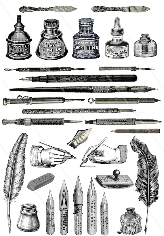 Vintage pens clip art digital collage sheet fountain pen feather quill  inkwell vintage pencil junk journal journaling Cricut Scan N Cut