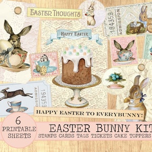 Easter bunny rabbit kit Easter journal paper printable easter labels tags stamps words cards cake topperholiday digital collage sheet