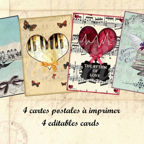 4 cartes à imprimer Musique, rétro, carte postale vintage, oiseau, papillon, coeur, partition de musique