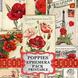 Kit de itens de diário vintage Poppy Junk - Flores silvestres de papoula para impressão, cartões postais, etiquetas e muito mais para scrapbooking e artesanato
