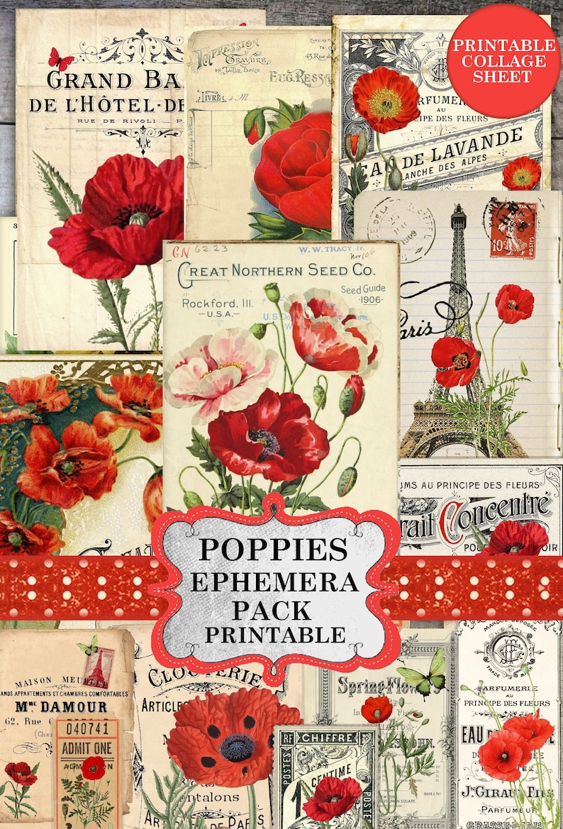 Vintage Poppy Junk Journal Ephemera Kit - Printable Poppy Wildflowers ...