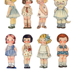 May include: A set of eight vintage paper dolls, including seven girls and one cat. The dolls are dressed in various styles of clothing, including dresses, skirts, and pants. The dolls are all smiling and have rosy cheeks.