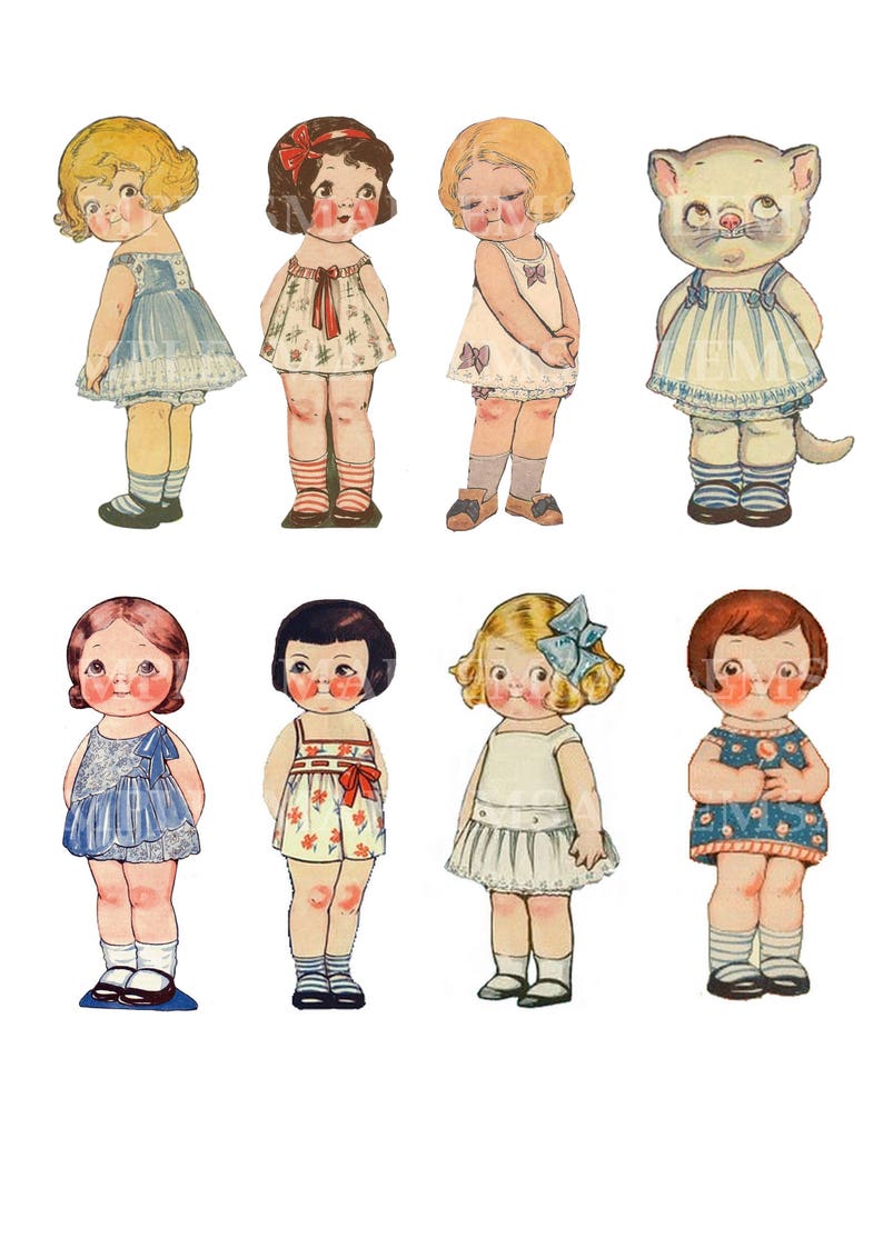 May include: A set of eight vintage paper dolls, including seven girls and one cat. The dolls are dressed in various styles of clothing, including dresses, skirts, and pants. The dolls are all smiling and have rosy cheeks.
