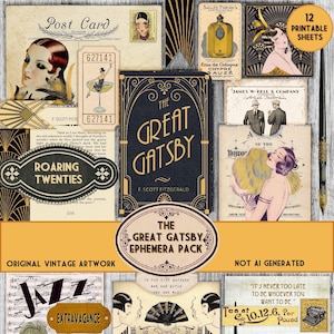 May include: A collection of vintage-style ephemera with a Roaring Twenties theme. Includes postcards, book covers, perfume labels, and illustrations. The Great Gatsby book cover is featured prominently, along with the text "Original Vintage Artwork."