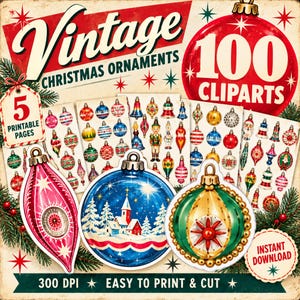 May include: A digital collection of 100 vintage Christmas ornament cliparts featuring five printable pages. The design includes various colorful baubles, a pink elongated ornament, a blue winter scene ornament, and a green and gold ornament.