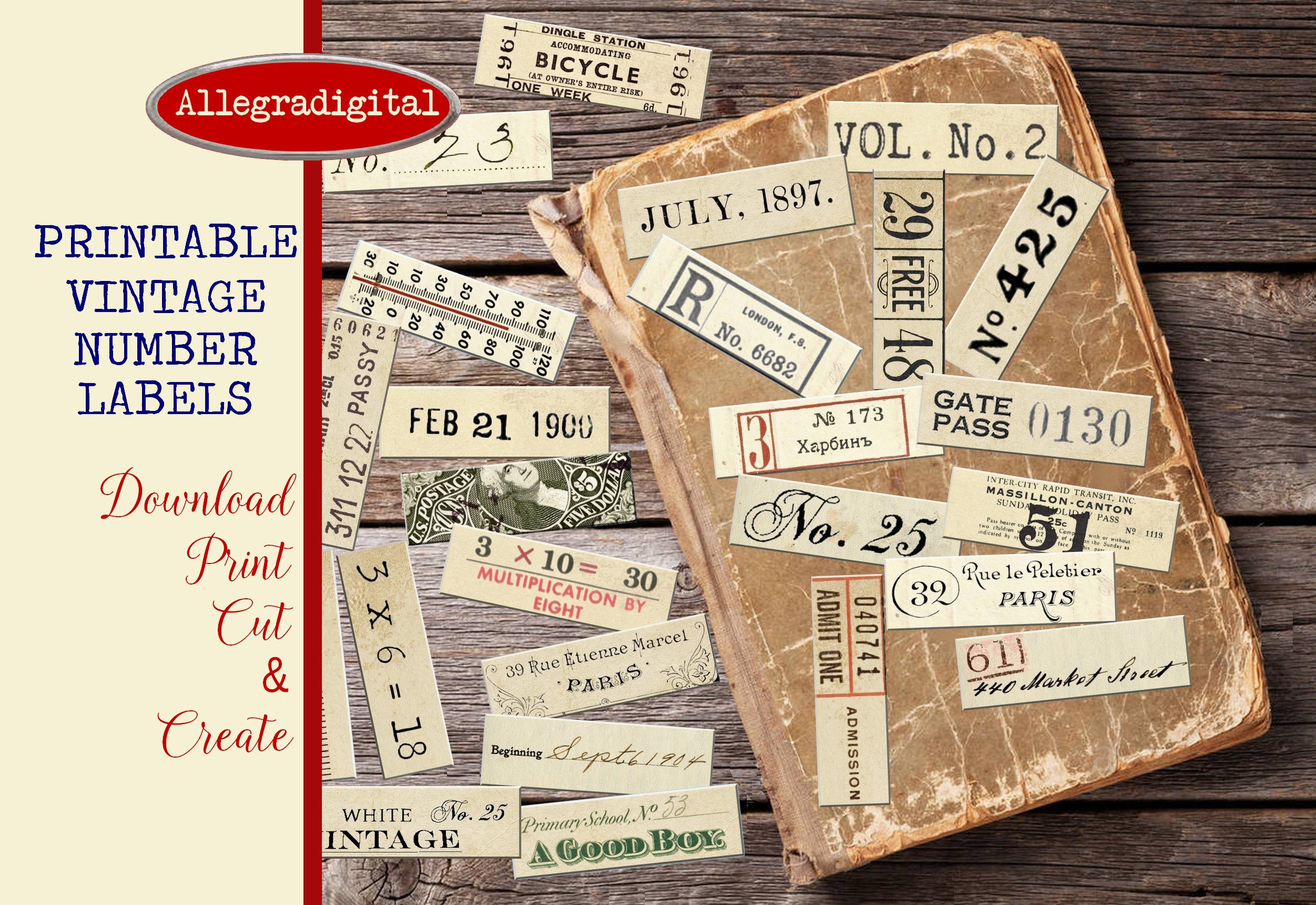 Vintage Number Labels, Junk Journal, Tags, Random Numbers