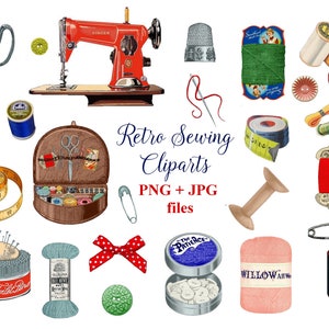 Vintage Sewing Clipart Collection – Retro Seamstress, Sewing Machine, Scissors, Needlework PNG & JPG Files