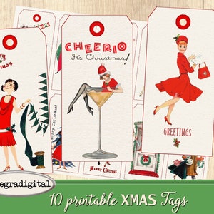 Retro Christmas Tags printable gift tags hang tags journaling journal Mid-century christmas digital collage sheet 50'S XMAS