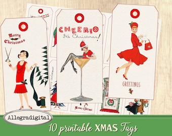 May include: Ten printable Christmas gift tags featuring vintage illustrations. The tags are white with red borders and red circles at the top. The illustrations include a woman in a red dress, a woman decorating a Christmas tree, and a woman in a martini glass.