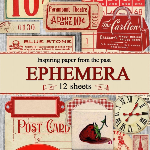 Red Ephemera Pack instant download, printable, digital collage, diary / junk journal, altered art, mixed media, clipart