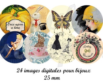 Digital collage sheet circles vintage images , one inch circle digital bottle cap butterfly moon rabbit instant download,images for pendant