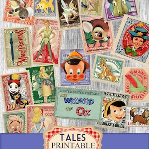 Printable Stamps Fairy Tales Ephemera, Junk journal Supplies, Vintage fake stamps, Small Digital Ephemera Page