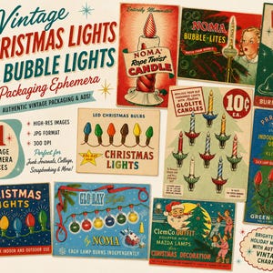 May include: A collection of eleven vintage Christmas light packaging and advertisement ephemera pieces featuring colorful illustrations of bubble lights, candle bulbs, and holiday imagery with text including Noma, Glo-Ray, and Paramount branding.