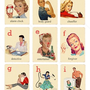 May include: A set of nine illustrated cards featuring a different letter of the alphabet and a corresponding word. Each card features a vintage-style illustration of a person performing a task related to the word. For example, the card for "a" shows a woman holding an alarm clock, and the card for "b" shows a woman acting as a bodyguard.