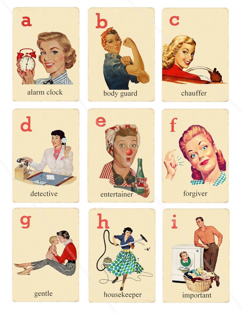 May include: A set of nine illustrated cards featuring a different letter of the alphabet and a corresponding word. Each card features a vintage-style illustration of a person performing a task related to the word. For example, the card for "a" shows a woman holding an alarm clock, and the card for "b" shows a woman acting as a bodyguard.