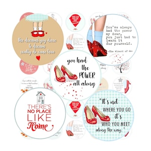 May include: A set of 12 round stickers featuring quotes from the Wizard of Oz. The stickers are printed on white paper with a blue and white checkered pattern. The quotes include "There's no place like home", "You've always had the power, my dear, you just had to learn it for yourself", and "The dreams you dare to dream really do come true".