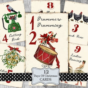 Twaalf dagen kerst afdrukbare kaarten, Retro kerst downloads tags