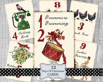 Twelve Days Of Christmas printable cards, Retro christmas downloads tags
