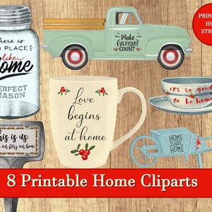 Retro Home Decor Stickers | Vintage Farmhouse Family & Home Quotes Clipart | Digital Collage Sheets