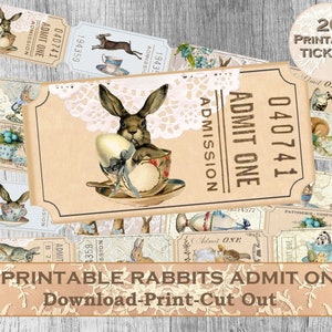 Rabbits Admit One Tickets, Bunny Ephemera for scrapbooking Junk Journal, Vintage Easter collage sheet, Rabbits Download Allegradigital