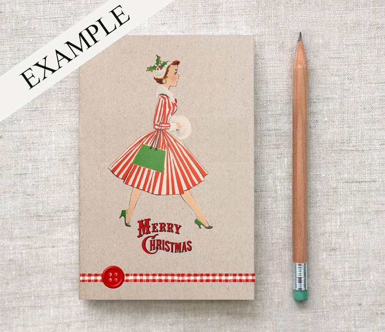 May include: A red and white striped dress with a green bag and a red button. The text "Merry Christmas" is printed below the dress. The background is a brown paper.