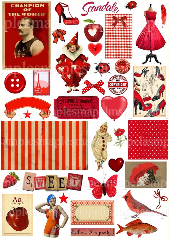 Images digitales vintage rétro rouge images scrapbooking vintage clipart journaling junk journal scrapbook jpeg images PNG allegradigital