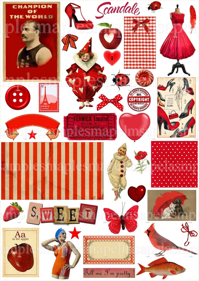 May include: A collection of vintage red and cream-coloured graphics. Includes a poster with text, a red dress, high heels, a ladybird, a heart-shaped lock, a red apple, a clown, a butterfly, and the word "SWEET".