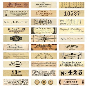 May include: A collection of vintage-style labels and ephemera, including a post card, a shipwright's sign, a compass, a ticket price tag, and a compass. The labels are printed on aged paper with a distressed look.