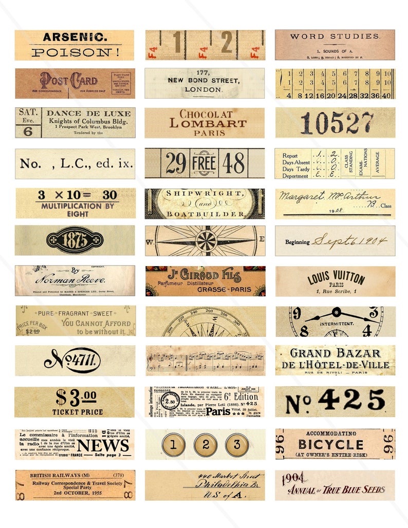 May include: A collection of vintage-style labels and ephemera, including a post card, a shipwright's sign, a compass, a ticket price tag, and a compass. The labels are printed on aged paper with a distressed look.