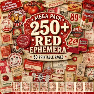 Peut inclure: Une collection d'éphémères vintage rouges comprenant plus de 250 éléments sur 50 pages imprimables. Le collage présente diverses étiquettes, publicités et illustrations comme une vache, des pommes, une boîte de soupe Campbell et des horloges.